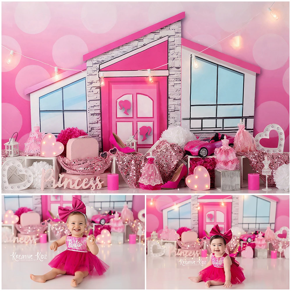 Pink Doll Dreamhouse Photo Background for Girl Birthday Cake Smash Photography Backdrop High Heel Dress Photo Studio Props