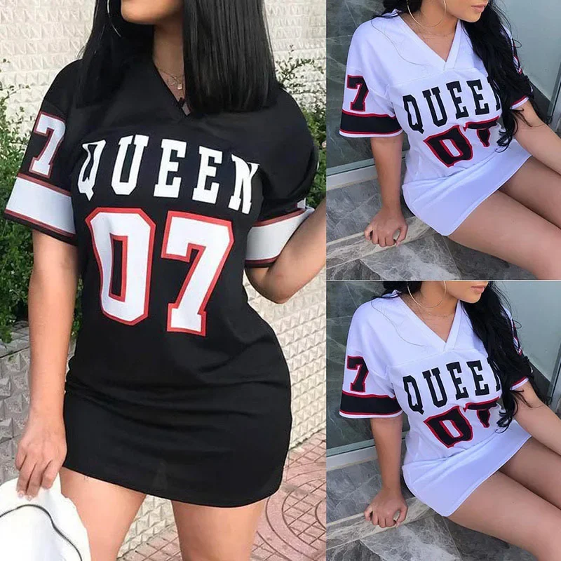 2023 New Fashion V-Neck Queen Letters Print Dress Short Sleeve Basketball Sporty Style Sexy Loose Female Clothing Streetwear