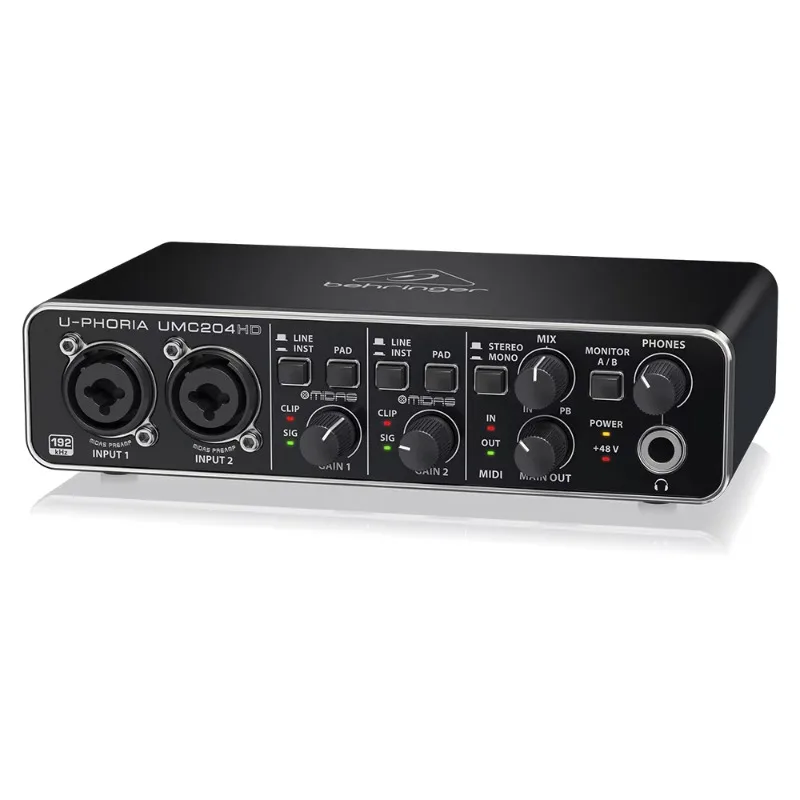 Tarjeta de Sonido Behringer UMC204HD, Interfaz de Audio USB 2.0 de 2 Entradas/4 Salidas con 2 Preamplificadores de Micrófono Midas, Equipo de Música para Estudio Interior