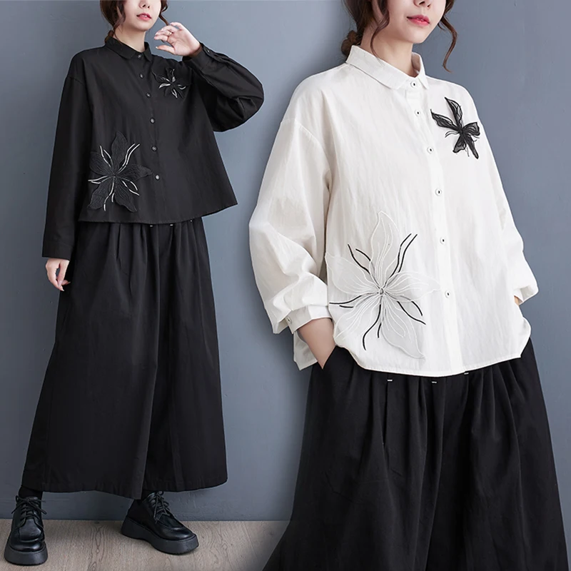 

Retro Embroidered Pure Color Long Sve Loose Women's irt Trendy Collar Button down Commute Sle Autumn New Arrival