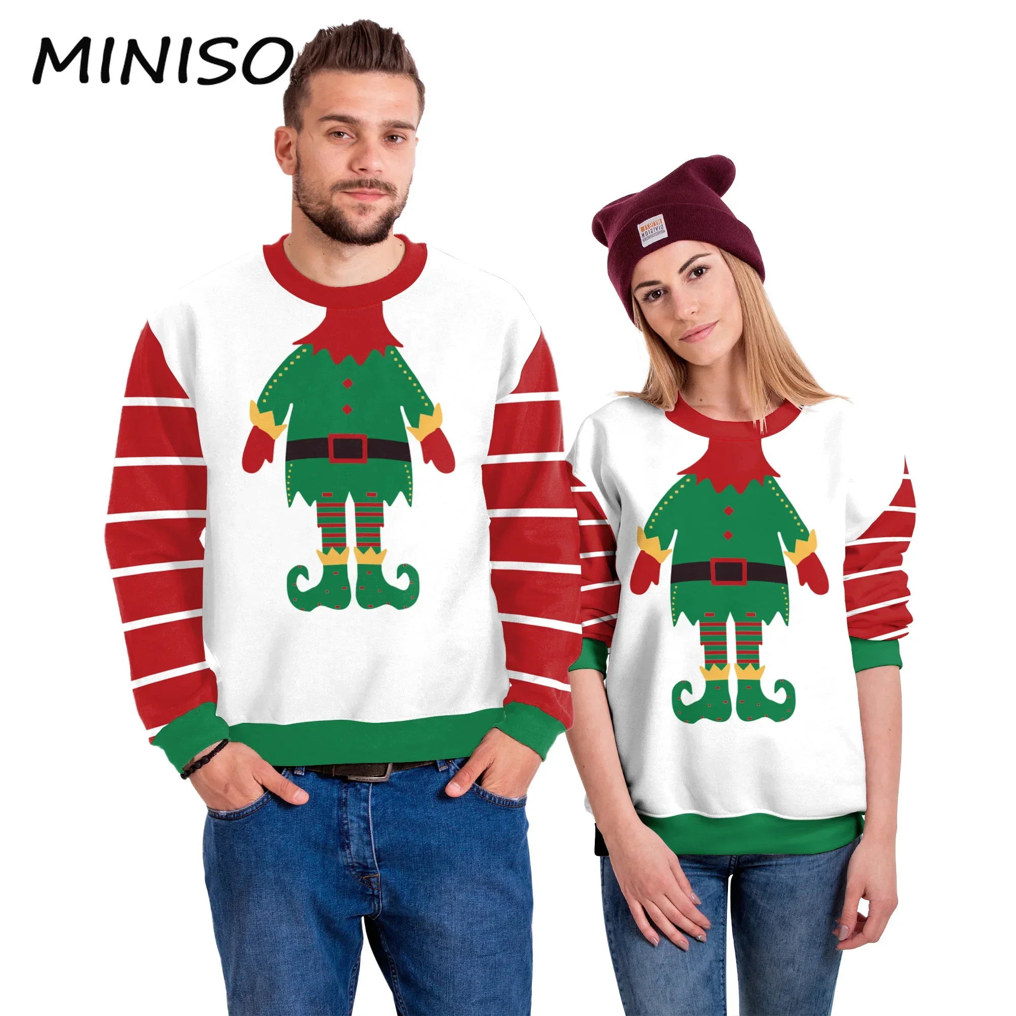 

MINISO Ugly Cosplay Christmas Elf Couple Sweatshirt Funny Graphic Pullover Costume Holiday Party Xmas Hoodies Unisex Streetwear