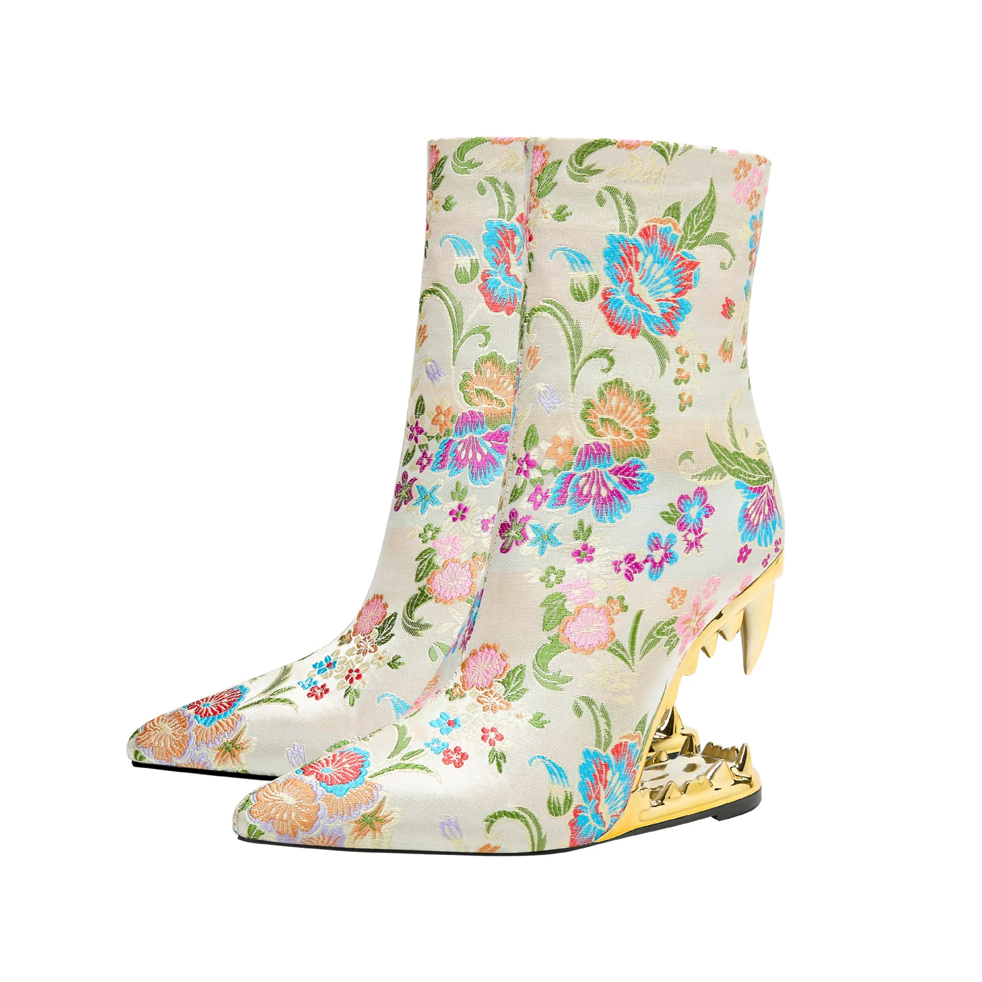 

Gold Tiger-Tooth Pointed-Toe Embroidered Catwalk Boots Large-Size Shaped Heel Ankle Botines Side Zipper Women's Botas Femininas