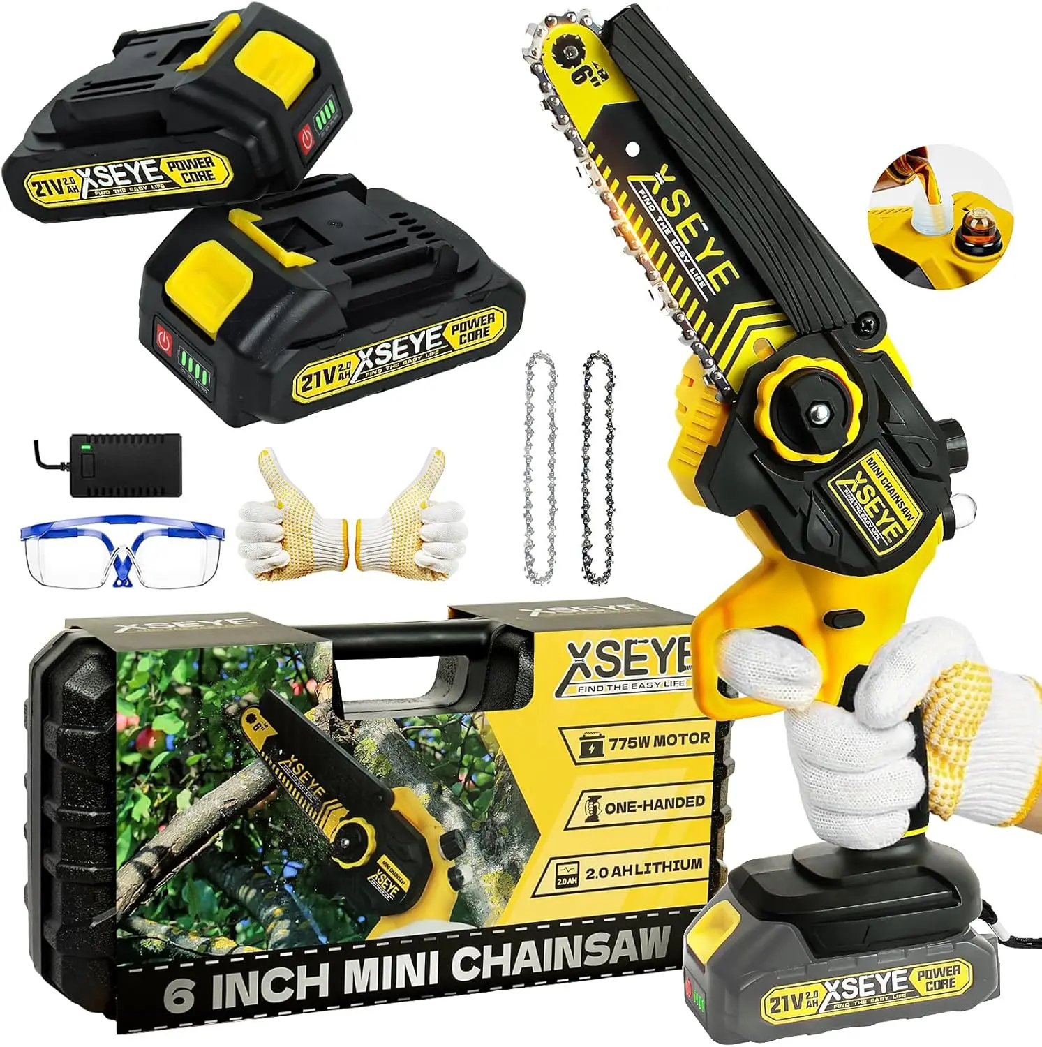 

Chainsaw Cordless 6 Inch, Handheld Chainsaw with Auto Oiler, 2 Batteries&Charger, for Wood Tree Cutting Courtyard Gardening, Bir