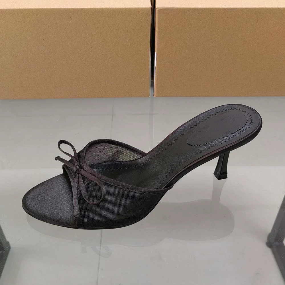 

2025 Summer New Mesh Bow High-Heeled Slippers For Casual Outdoor Wear Daily Wear With Exposed Heels Women's Sandals