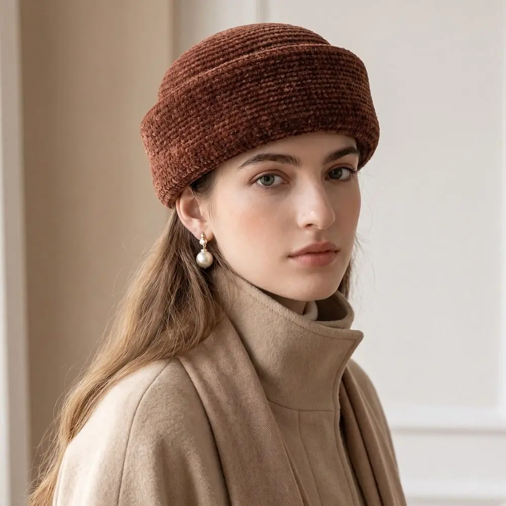 French Style Chenille Pillbox Hat Fedoras Elegant Fedora Hat Versatile Air Hostess Airline Stewardess Caps Cocktail Event