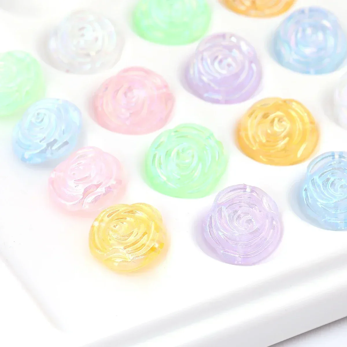 6pcs Random Color 1.7cm Iridescent Transparent Rose Flower Acrylic Beads for DIY Necklace Bracelet Craft Supplies