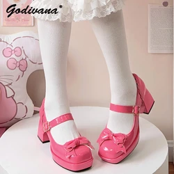 Lolita Patent Leather Shoes Lady's Elegant Lo Shoes High Heel Bow Pumps Female Girls Cute Paltform Mary Jane Shoes