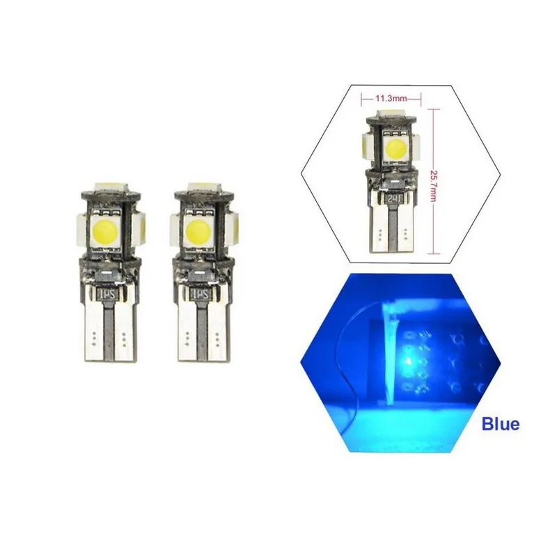 2Pcs T10 Wedge CanBus 5SMD 5050 LED Dashboard Side Light Bulbs DC 12V Blue