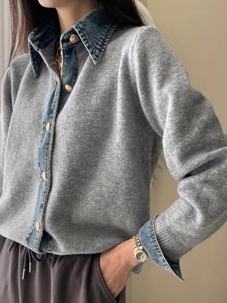Soft Knitted Denim Patchwork Fake Two-Piece Sweater Coat Women's Autumn New Sle Korean Sle Inner Wear Casual Streetwear
