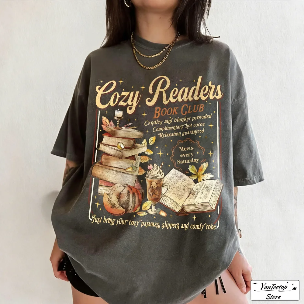 

Women Cotton T Shirt Cozy Readers Book Club Shirt Fall Season Bookish Tee Coffee And Book Lover Shirt Fashion Crop Tops