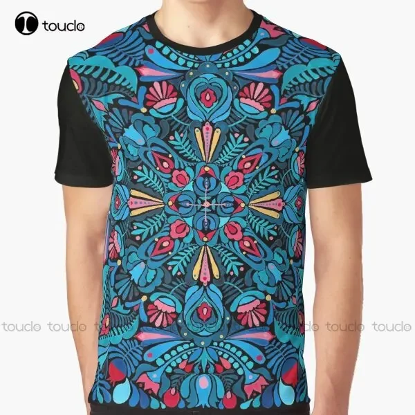 Pink Light Blue Springtime Mandala On Black Graphic T-Shirt 4Xl Mens T-Shirts Digital Printing Tee Shirts Christmas Gift Xxs-5Xl