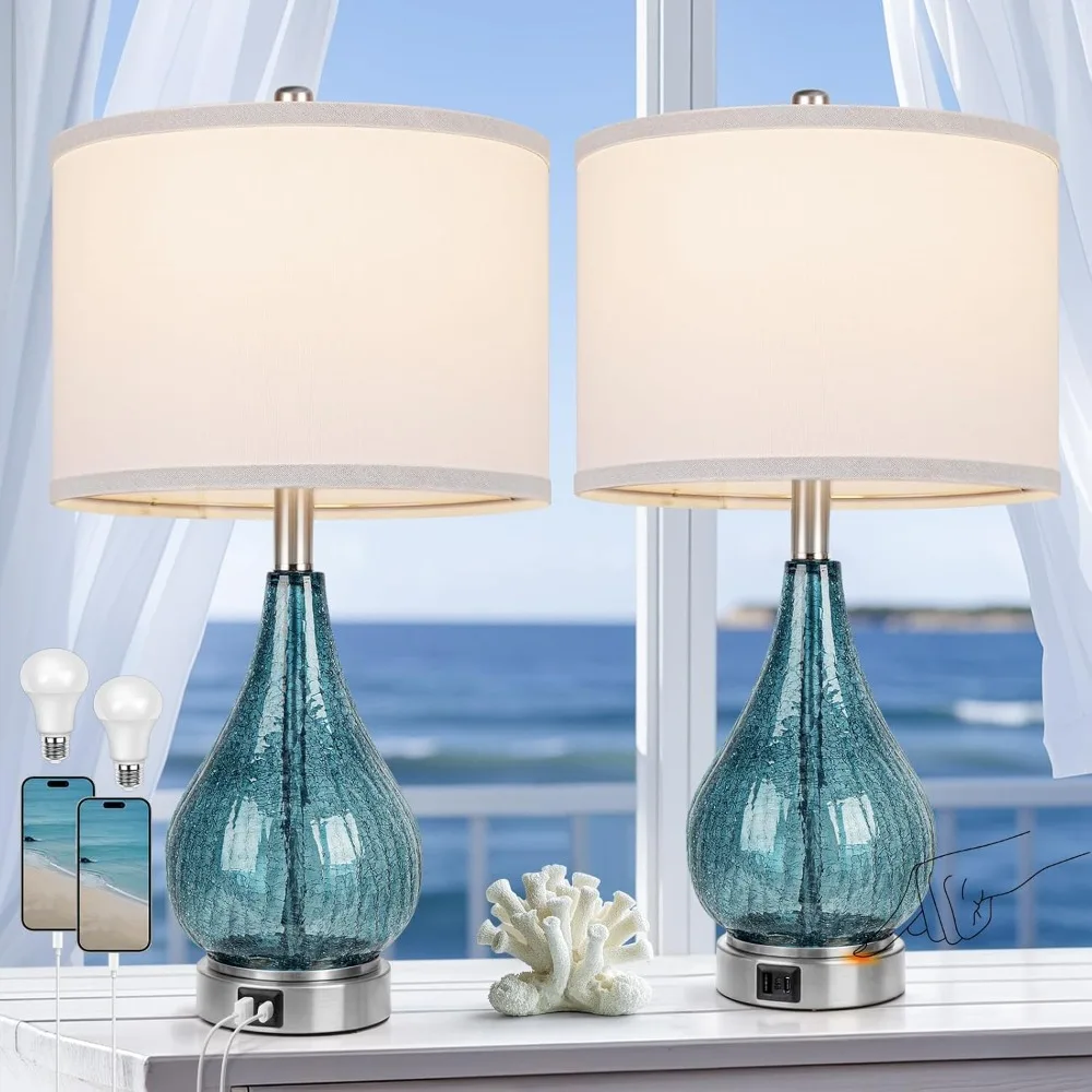 

QiMH Glass Table Lamp for Living Room Bedroom Set of 2, 22.5" LED Light with Touch Control, Blue 3 Way Dimmable Modern Bedside L