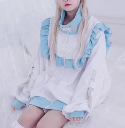 ربيع الخريف موضة جديدة فضفاضة الصينية زر سترة طويلة الأكمام فتاة حلوة كلية اليابانية العمر الحد الكشكشة سستة الأعلى