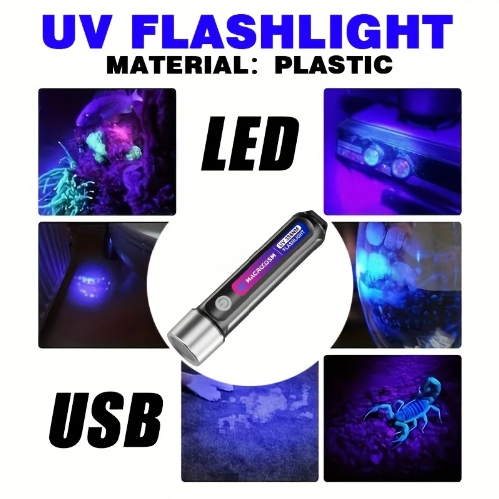 395nm UV LED Flashlight, USB Charging Black Light, Multi-use Detector for Urine, Scorpion, Resin, Nail, Camping & Fishing