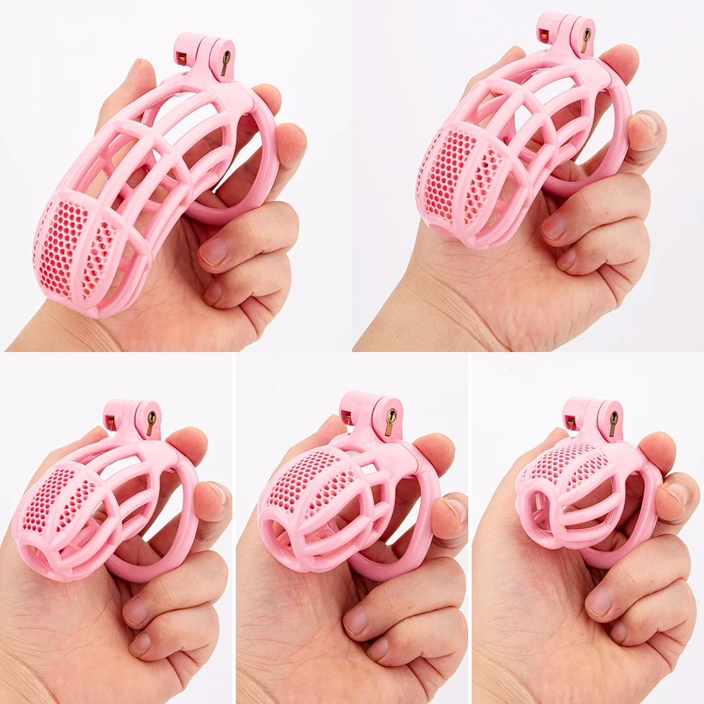 Honeycomb Pink Cock Cage Male Chastity Device Cage Penis Restraint Lock With 4 Base Rings Husband Loyalty BDSM Sex Toys For Men