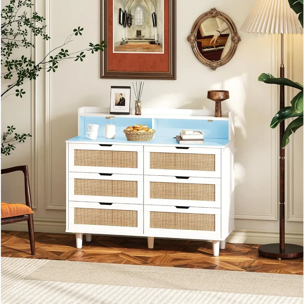 

Sideboard Buffet Cabinet With 6 Drawers,43'' Cabinet With Led Lights And Power Outlet,Wood Coffee Bar Cabinet (White)|