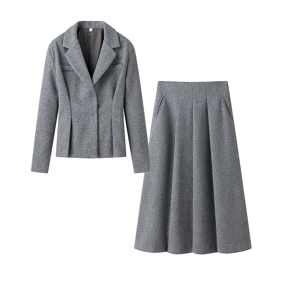 Autumn Winter Office Lady Two Piece Skirt Set Grey Woollen Coat+Women Elegant Lapel Hidden Buckle Blazers Pleated Skirt