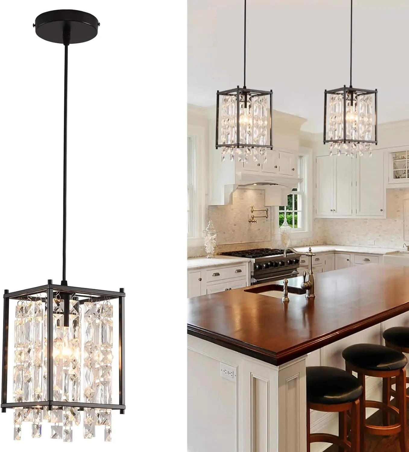 

Black Crystal Pendant Lights Kitchen Island Lighting, E26 Modern Crystal Pendant Light Fixtures, Adjustable Hanging Lights