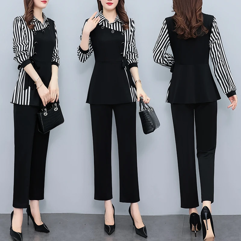 Ensembles de pantalons à manches longues patchwork rayé pour femmes, tenues deux pièces surdimensionnées à la mode, vêtements de bureau élégants, nouvelle collection printemps 2024