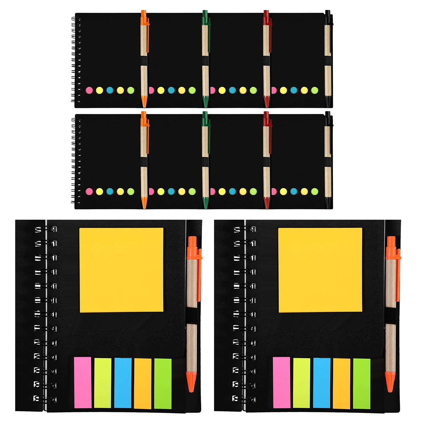 A19E-Pack Of 8 Lined Spiral Notebook Kraft Cover Notepad Notepad With Pen In Stand Page Markers Sticky Notes Color Index Tabs