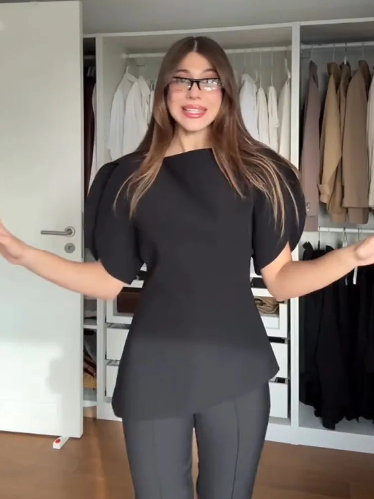 HH mujer verano diseño de moda Sense Puff mangas cortas dobladillo asimétrico Slim Fit Tops mujer versátil desplazamientos Casual Tops