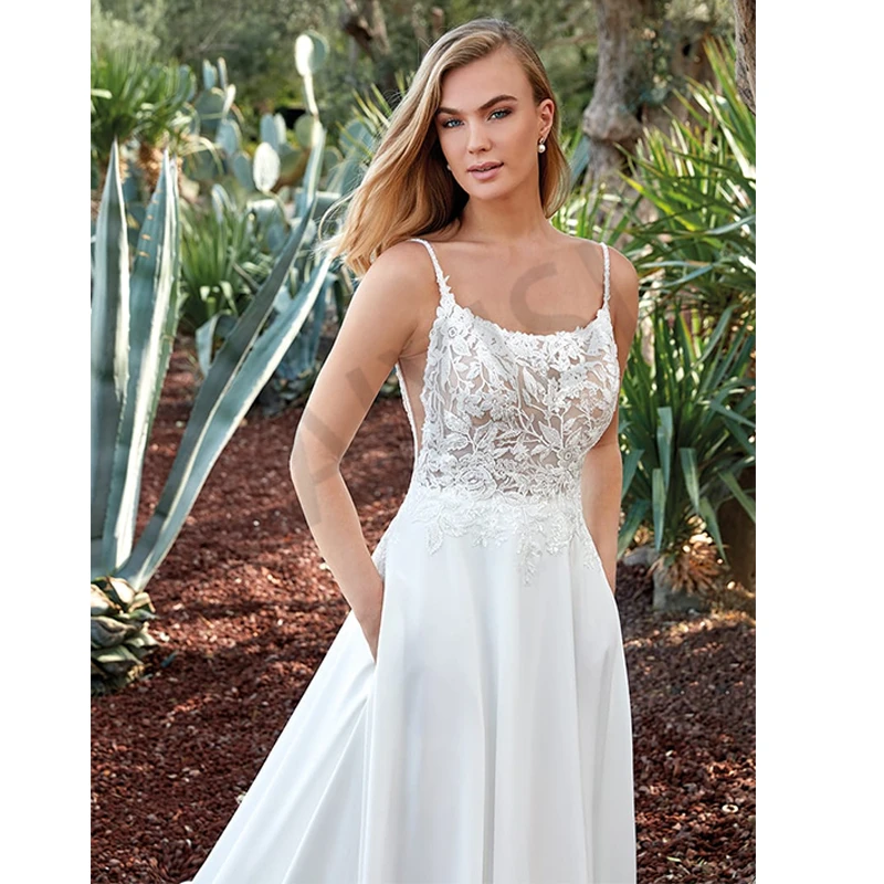 Hochzeit Kleid Sexy Braut Vestido Chiffon Scoop Kragen Spaghetti Appliques Perlen Durchsichtig Robe De Mariee AIXISI 2022