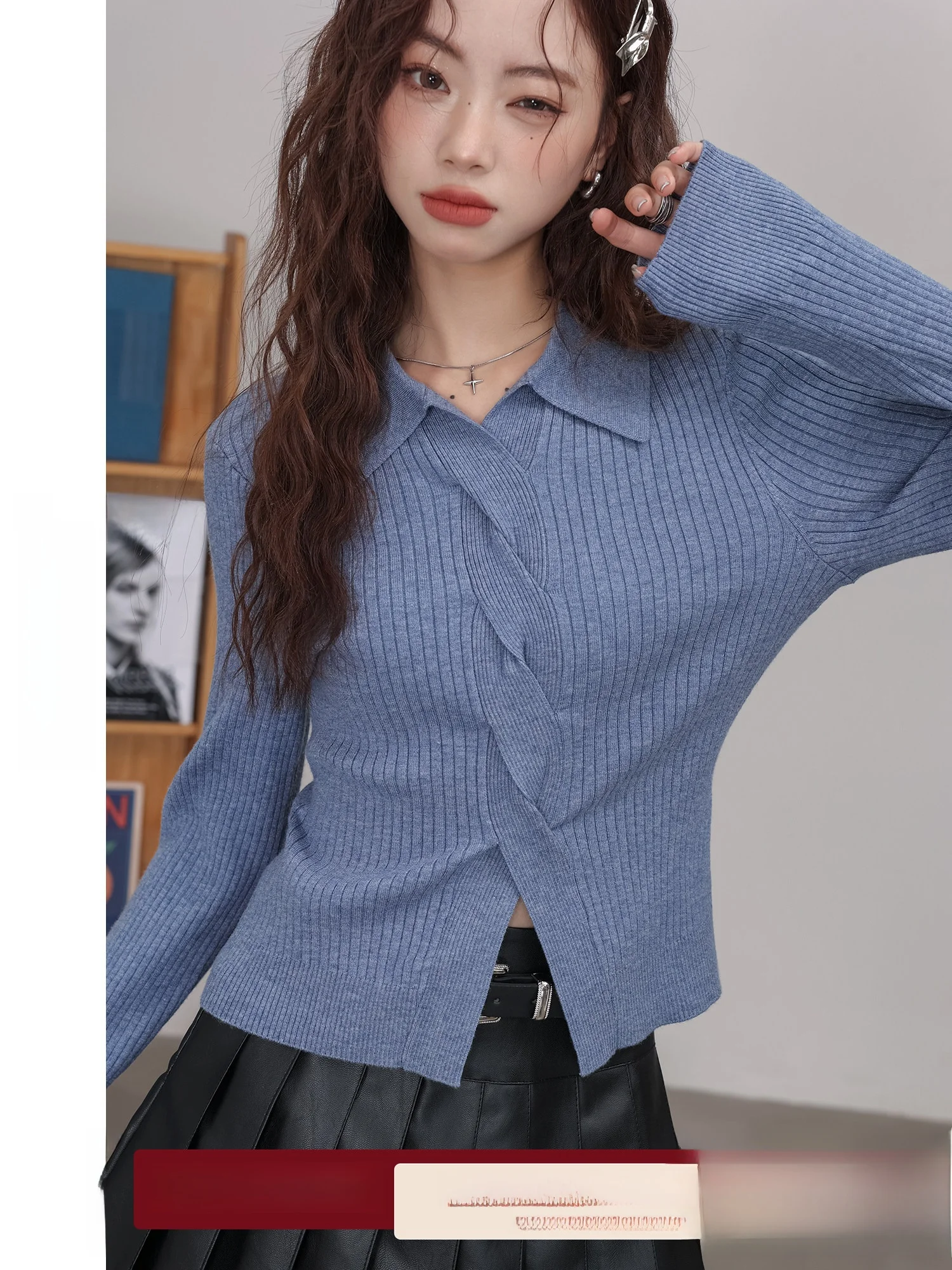 

Blue Knitted Collar Slim Fit Women's Open Cardigan Casual Sle Faion Design Polyester Fiber Long Sve Autumn New Ar...