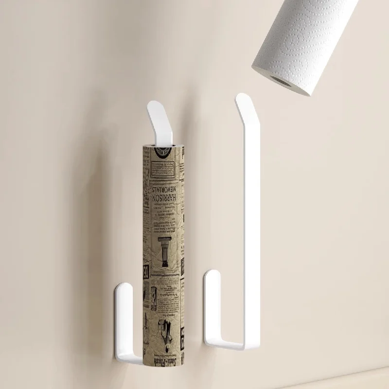 

Kitchen white paper towel hook roll paper holder plastic wrap holder punch-free kitchen storage rack wall-mounted
