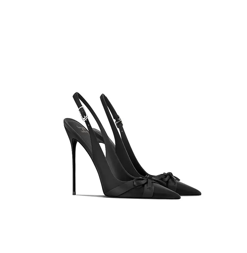 Spring Summer New Black Pointed Toe Thin Heel Sandals Women Backless Closed Toe High Heel Sandals