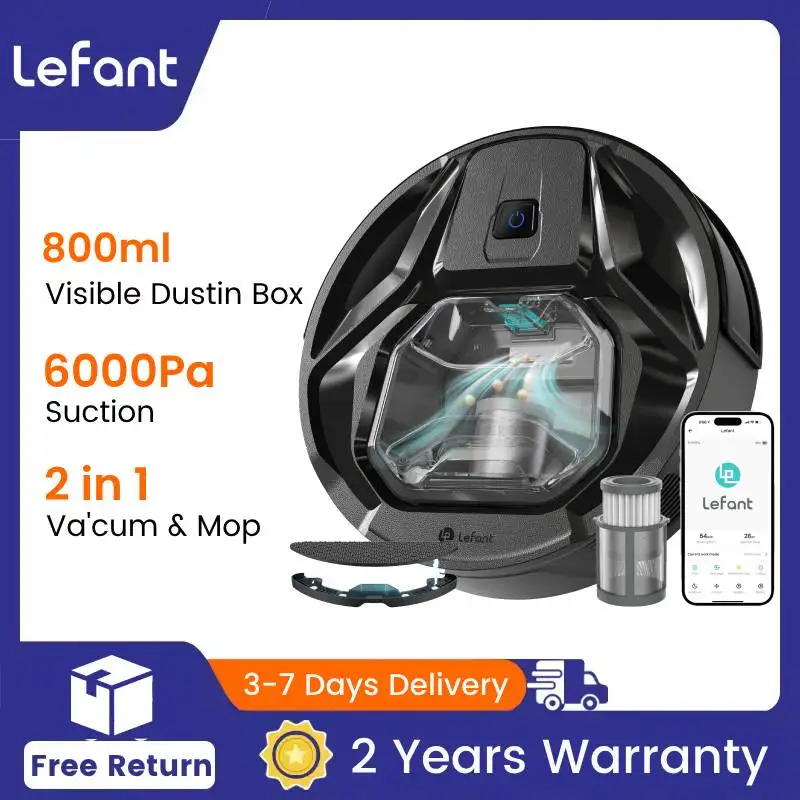 Lefant-Aspirateur Robot M320 avec Vadrouille, Aspiration Injuste, Poubelle Visible, Détection de Tapis, Commande Vocale Alexa, 6000Pa