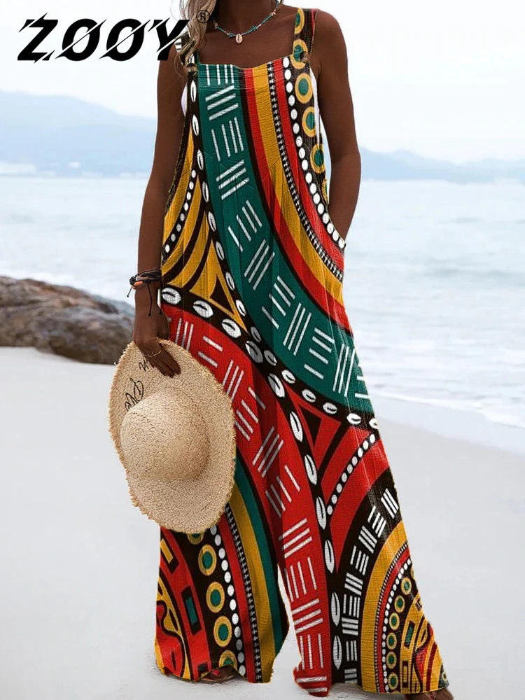 Xxs-6xl Grote Maat Broek Jumpsuit Damesmode Strandvakantie Etnische Stijl Zwarte Geometrische Print Losse Jumpsuit Zooy