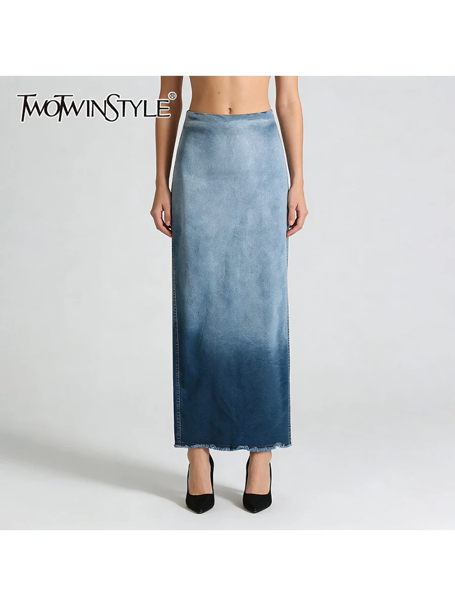 TWOTWINSTYLE Gradient Slimming Minimalist Cowboy Skirt for Women High Waist Split Temperament Long Skirts Female Clothing New