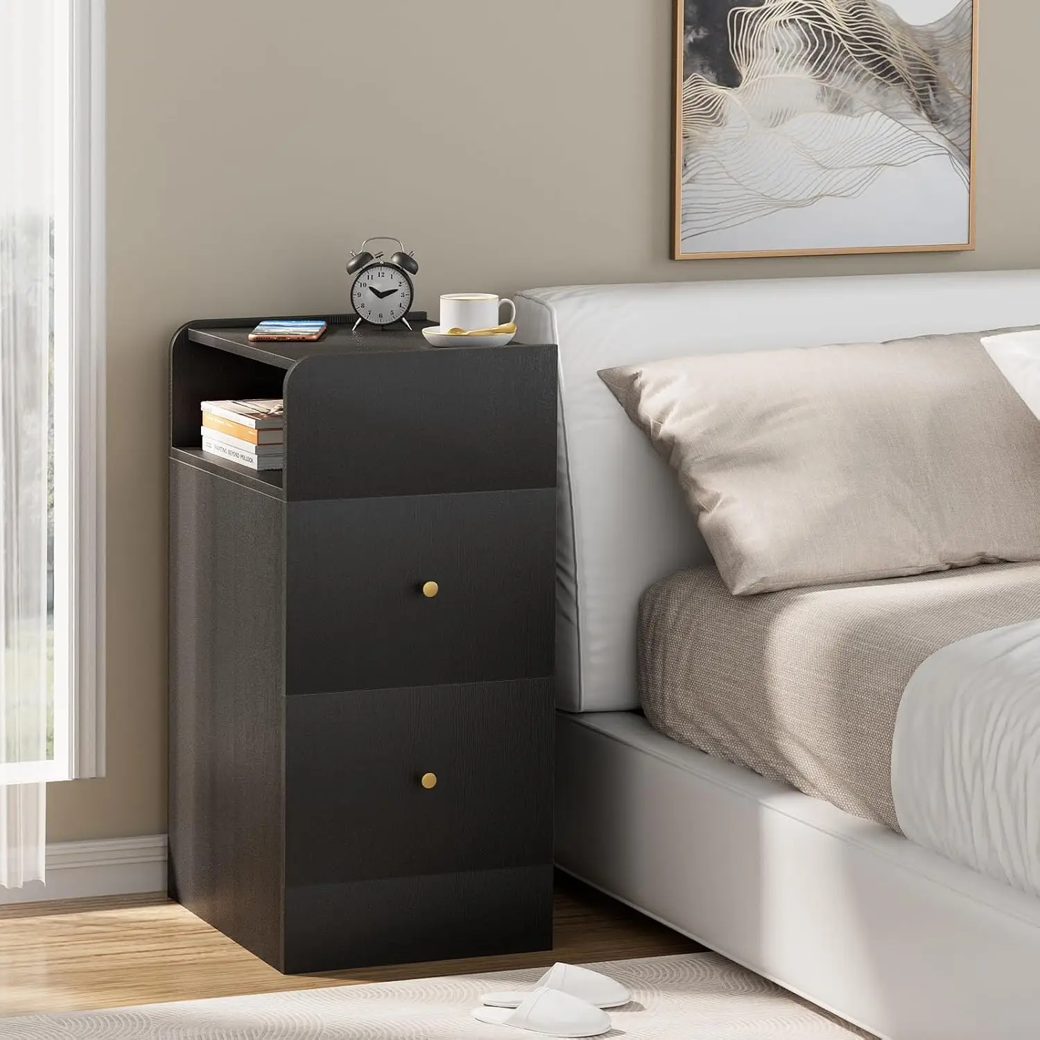 

Nightstand With Two Drawers,Chest Of Drawers For Bedroom With Side Opening Storage Rack,3 Tiers Modern Night Table For Bedroom