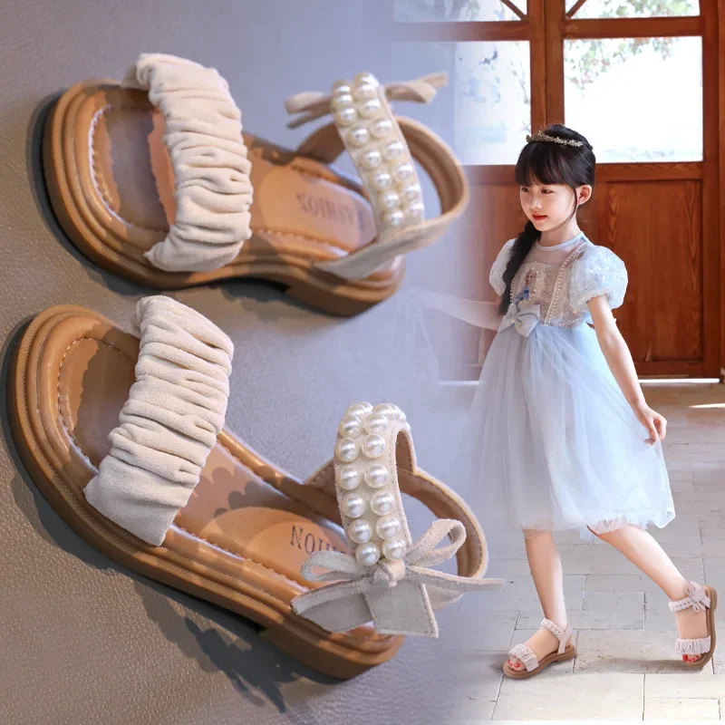 

Girls' Princess Sandals 2025 Summer Fashion Bow Pearl Children's Sandals Soft Bottom Kid's Casual Beach Shoes 3-12 Years Old