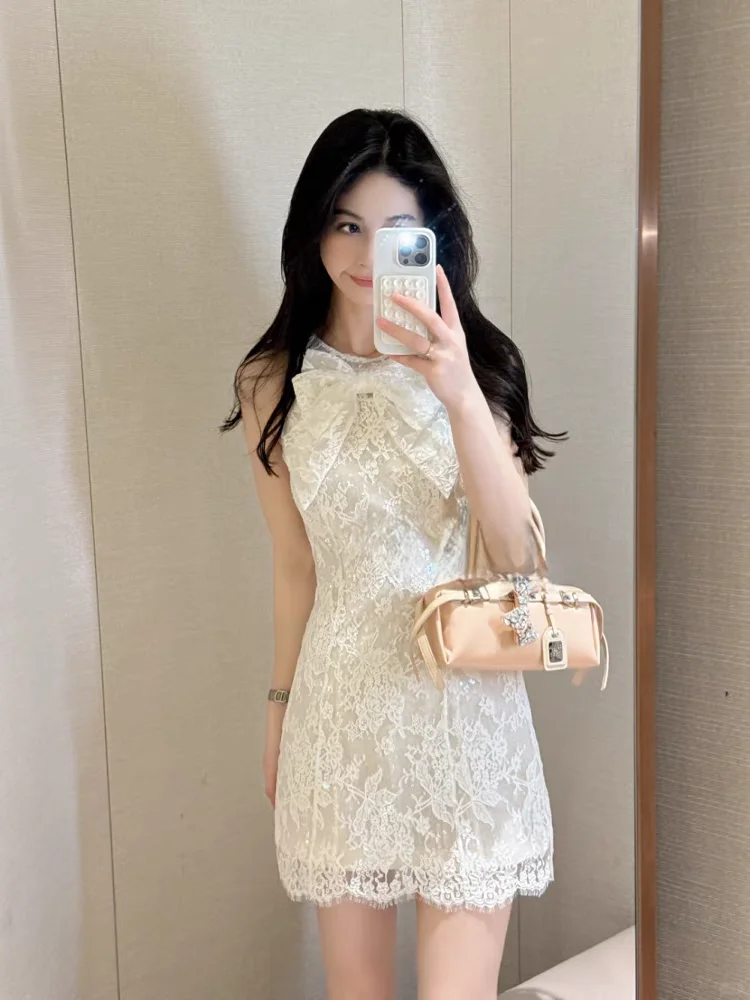 

Gothiscyn Bow Sequin Lace Dress for Women's Summer Sleeveless Slim Fit Embroidered Hip Wrap Short Dress Fashion Female Clothes