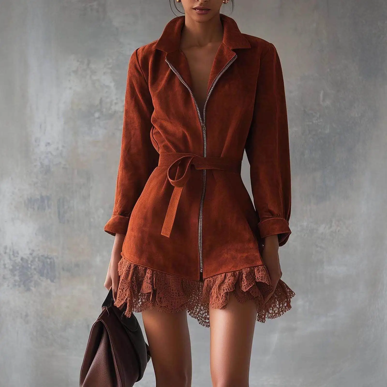 

Elegant Autumn Winter Suede Slim Fit Dress Long Sleeve Zipper Closure Stand Collar Color European Style Women's Fashion