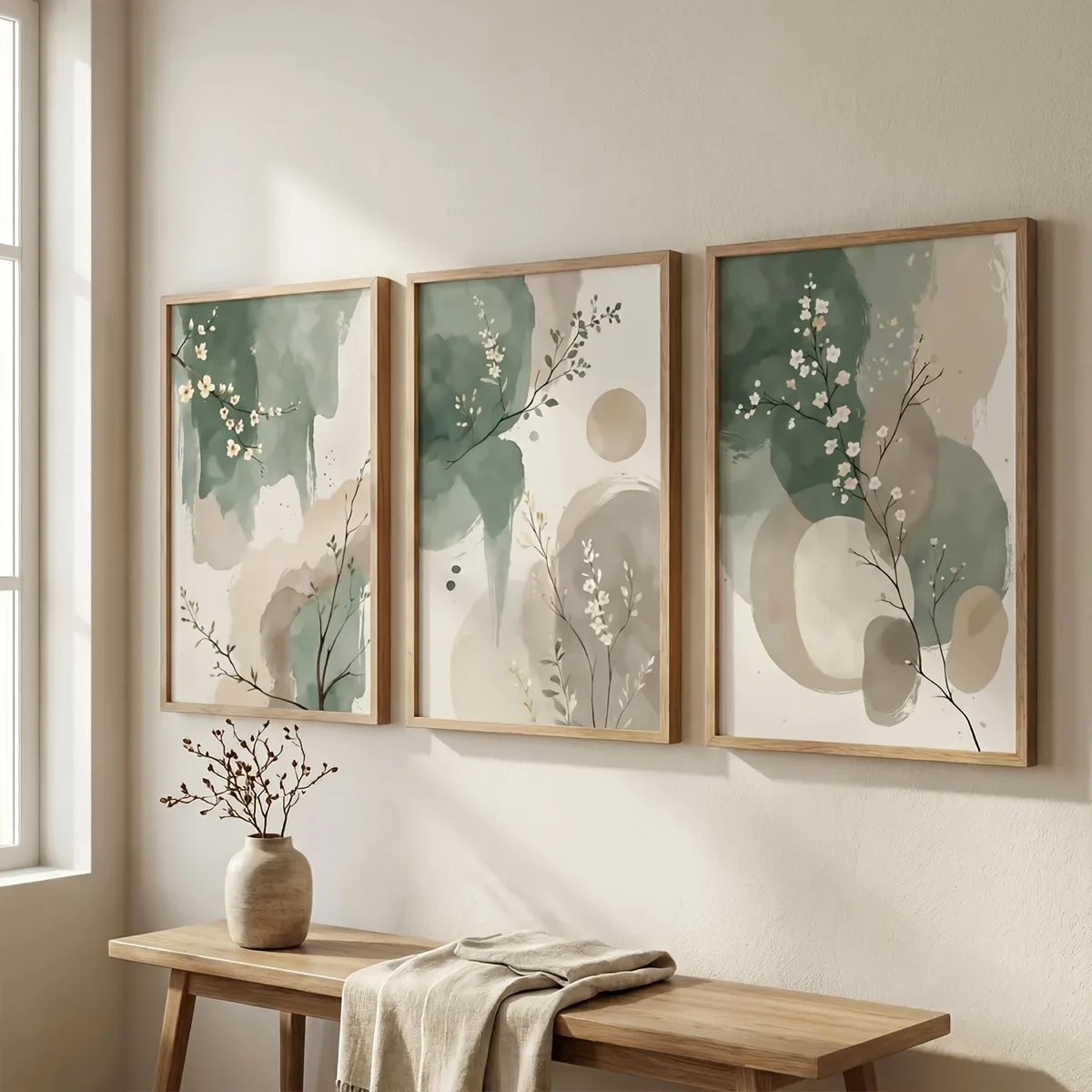 3pcs Japanese-Style Plant Canvas Wall Art Frameless Abstract Watercolor Sage Green & Beige Leaf Canvas Poster for Bedroom Decor view 2