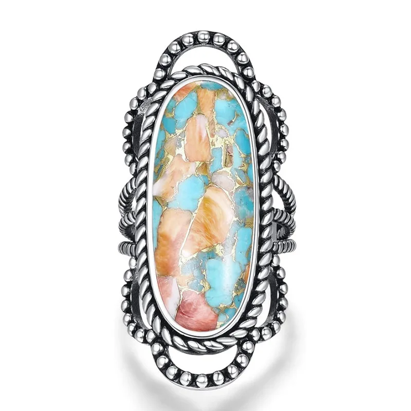 Retro Bohemian High-end Hand Decoration Elegant Personality National Style Metal Fried Dough Twists Lock Imitation Stone Ring
