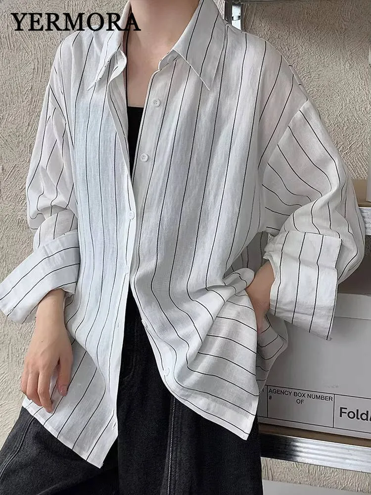 

YERMORA льняная повседневная блузка в абрикосовую полоску для женщин, свободная новая рубашка с длинными рукавами и лацканами, модная весна-осень 2025