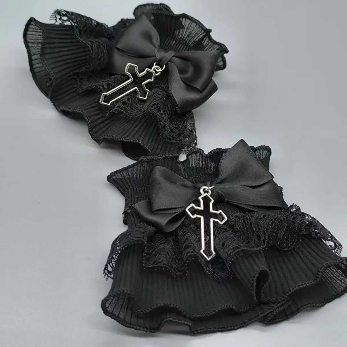 Lolita Black Gothic Punk Lolita Cross Pendant Hand Sleeve Wrist Cuffs Ruffled Floral Lace Elastic Bracelet Halloween Cosplay