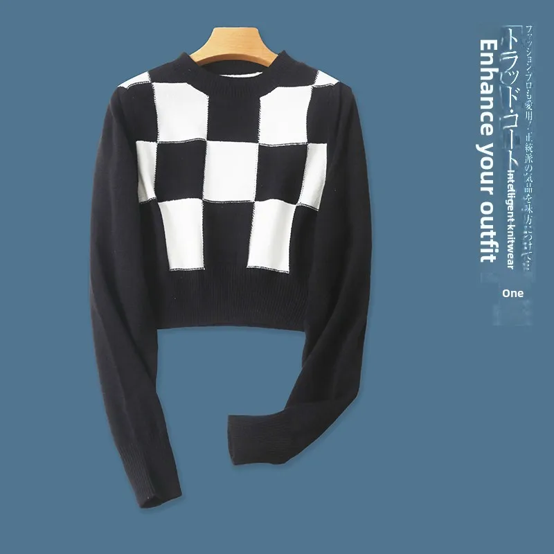 

Модный клетчатый свитер с V-образным вырезом, длинными рукавами, укороченный, женский, весна-осень, новинка, из окрашенной пряжи, прямого кроя