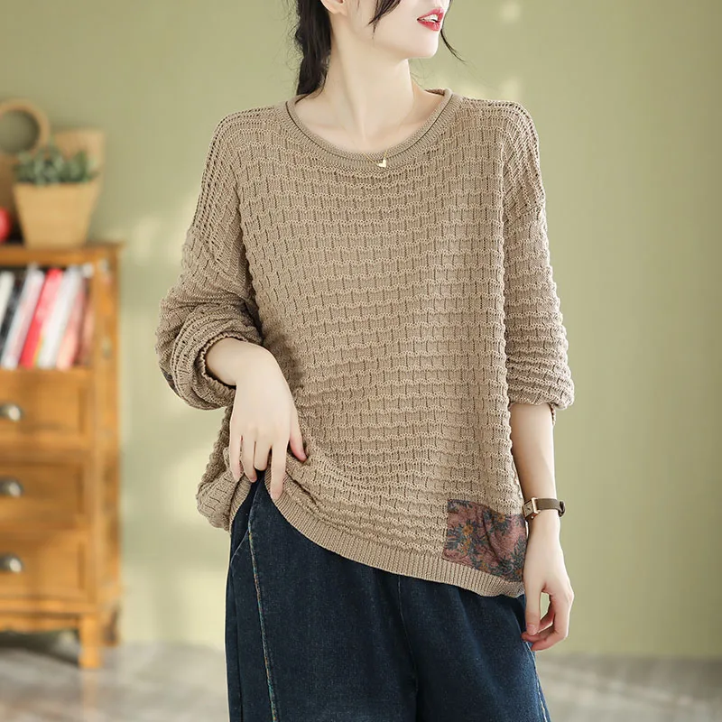 Retro Patchwork Thin Knitted Sweater Women's Autumn Winter Loose Lazy  Color Ethnic Style round Neck Overhead Long Sleev...