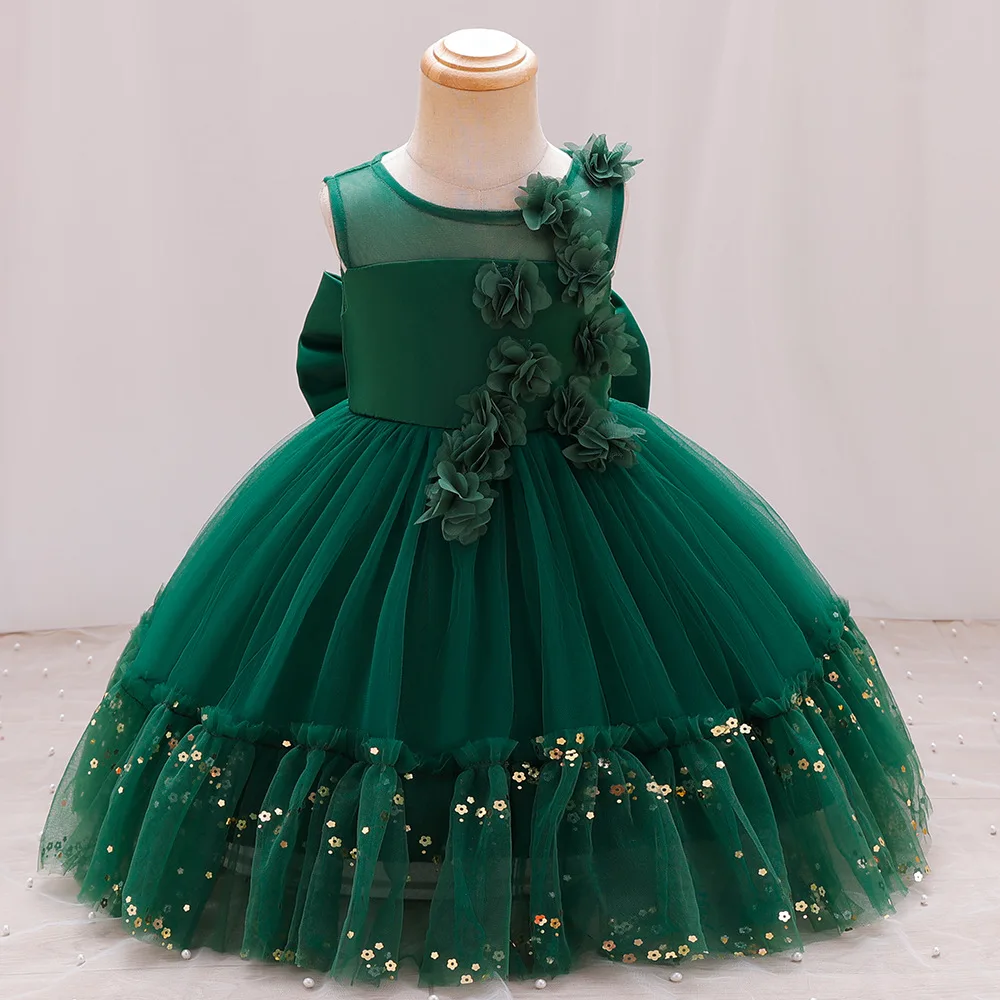 Girl's New Sleeveless Flower Bow Sequin Mesh Fluffy Dress Wedding Flower Boy Christmas Halloween Princess Dress