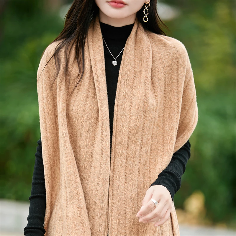 100% pure cashmere shawl women's autumn and winter new hollow knitted sweater cardigan with loose lazy wind scarf outside.