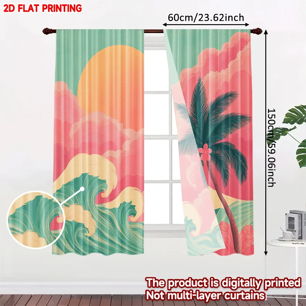 2D flat printing 2pcs Scene Curtain Tropical Sunset with Palm Digital Printed Polyester Drapes Festive Holiday Use for Festive