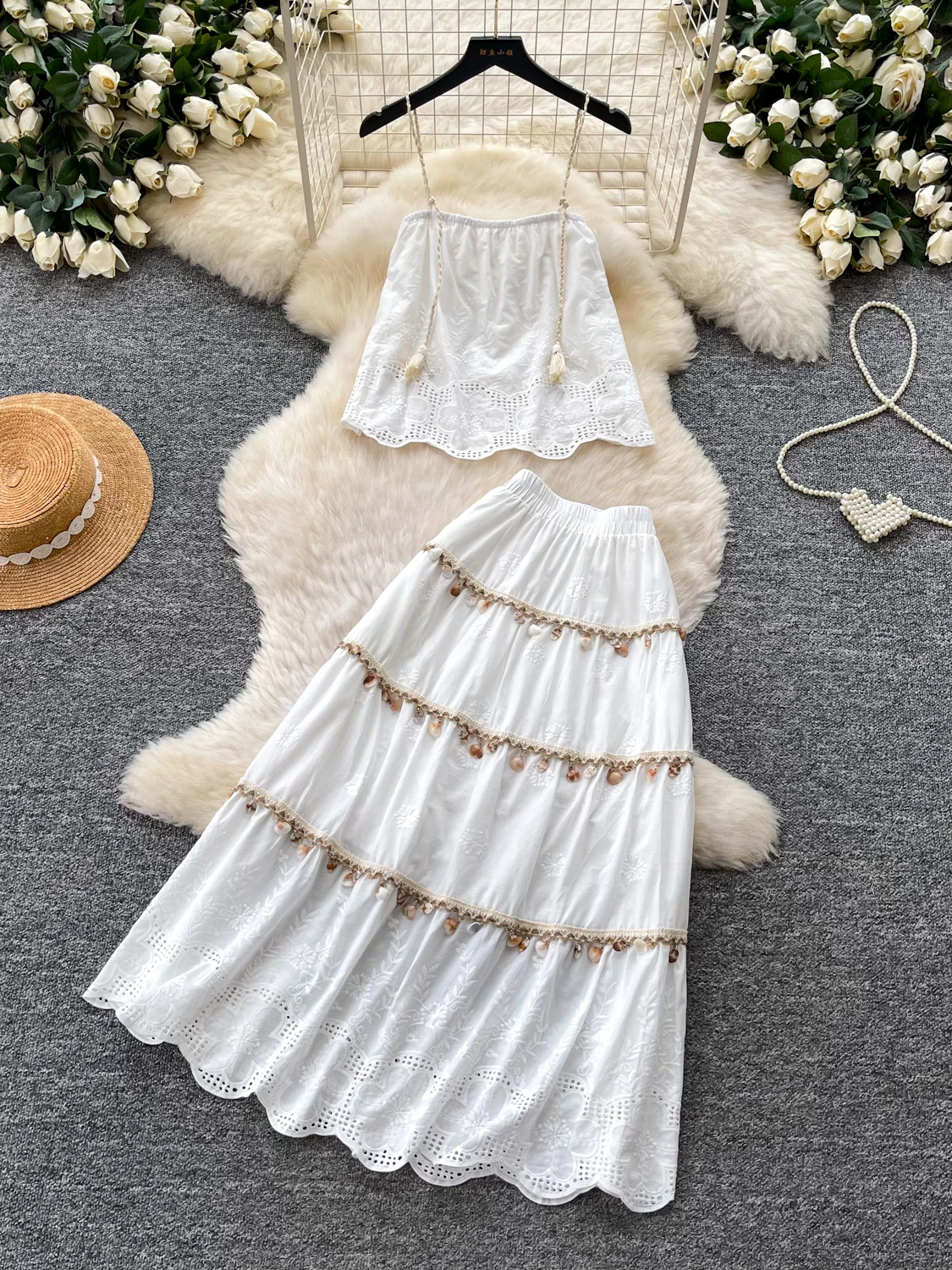 

White Embroidered High Waist Hollow out Tassel Two Piece Set Women's Summer Beach Slimming Cake Skirt Fashion Set
