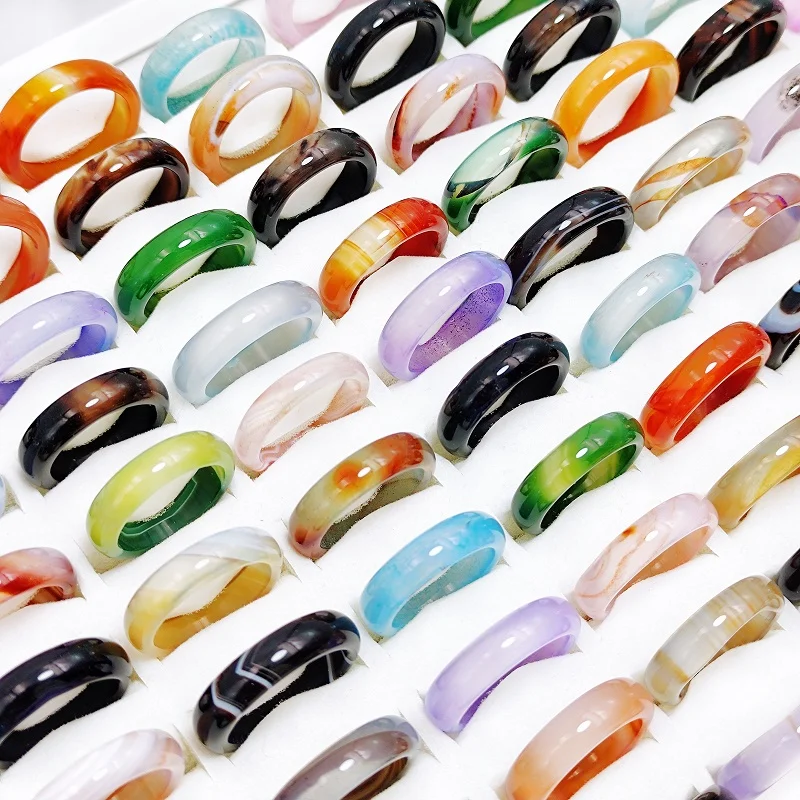 50Pcs/Lot Vintage Multicolor Natural Stone Agate Rings for Men and Women Mix 6MM Carnelian Wedding Ring Charm Jewelry Wholesale