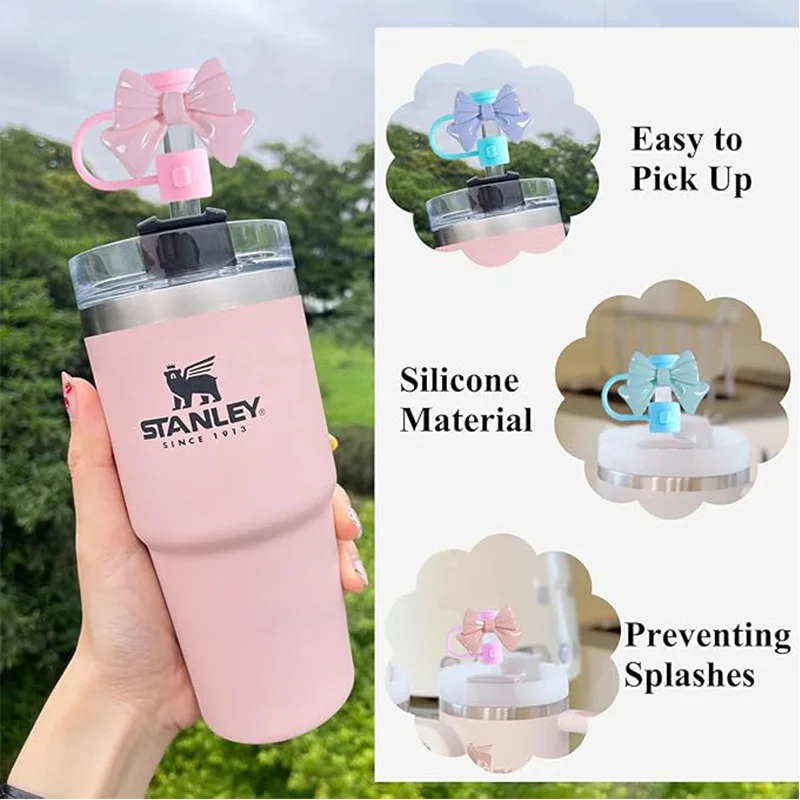 Cute Bow Straw Cap Covers Toppers Silicone Sippy Water Cup Accessories For Stanley Cups 30&40 Oz Tumbler With Protective Boot ﻿