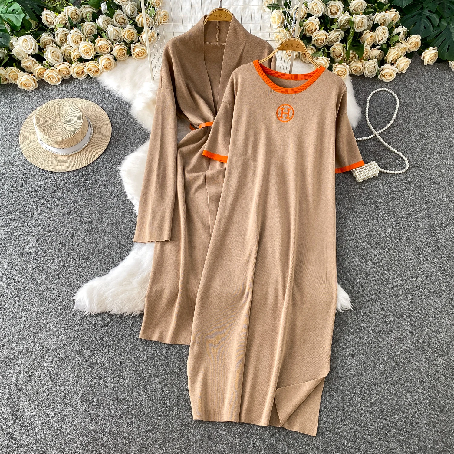 

ALPHALMODA 2025 Autumn, New In,women Two Piece Outfits, Long-sleeved, Long Outfit, Short-sleeved Sweater Dress, 2pcs Suit