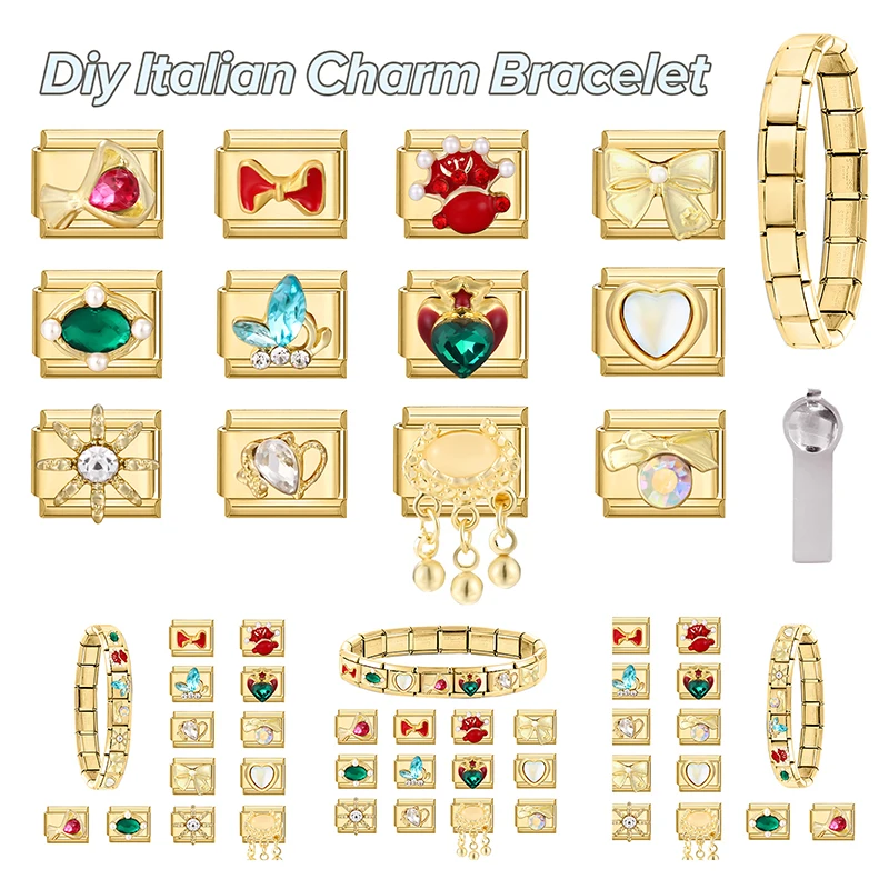 Gold Color Heart Sun Blue Butterfly Bow Knot Zircon Italian Charm Links Fit 9mm Stainless Steel Bracelet DIY Making Gifts